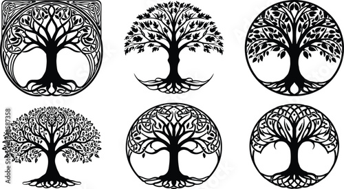  Celtic tree of life symbol vector collection, sacred geometry illustration with roots and branches, spiritual nature emblem design for tattoo, logo, and decoration