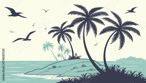 Tropical Island Paradise with Palms and Birds | Scenic Ocean Coastline Art | Exotic Beach Landscape Design