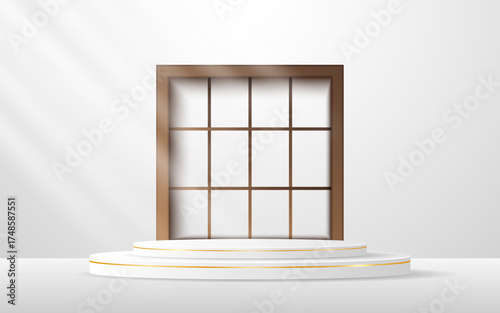 White podium with elegant gold lines and a brown slatted backdrop set in a square window for displaying advertisements. Display of cosmetic products. Stage or podium. vector illustration	