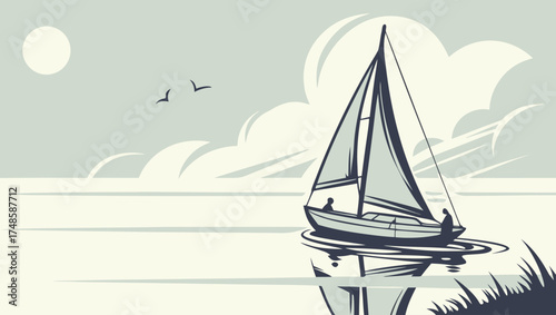 Serene Sailboat Journey: Silhouette of Sailboat Gliding on Calm Lake with Moon and Reflections