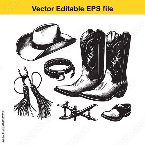 Vector art of western cowboy attire and accessories including hat, boots, belt, and spurs