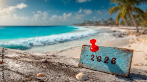 Year 2026 celebration on pristine tropical beach with crystal clear water