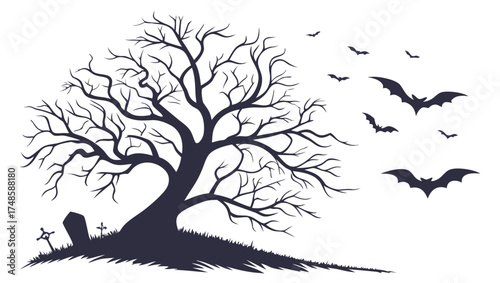Spooky Halloween Scene: Silhouette of Bats Flying Over Bare Tree and Graveyard at Midnight