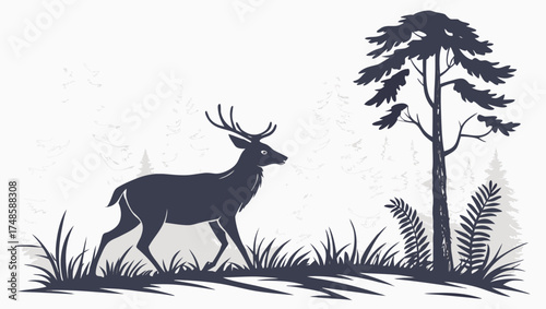 Elegant Deer Stroll: Silhouette of Graceful Deer by Pine Tree in a Serene Forest Landscape
