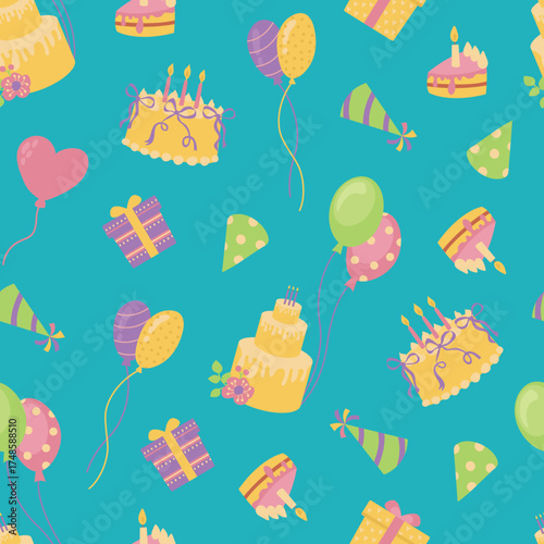 Birthday Party Seamless Pattern with Cakes and Balloons. Design for fabrics, textiles, wallpaper, packaging