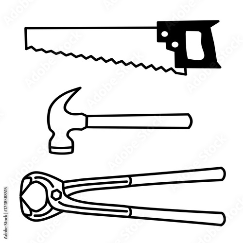 Hand Saw, Hammer, and Tower Pincer Plier in Retro Black and White Vector Style Depicting Essential Hand Tools In Construction, Carpentry, Technical Assembly, and Workshop Repair Works