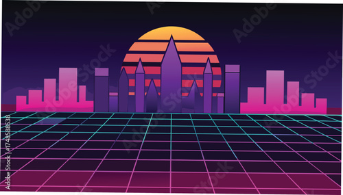 Vector art of retro cityscape illustration with neon lights and a grid floor, reminiscent of 1980s aesthetics and futuristic themes