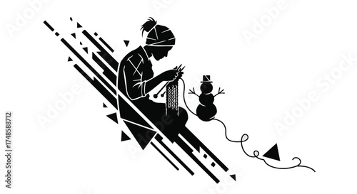 Silhouette of a person knitting a snowman with abstract geometric shapes