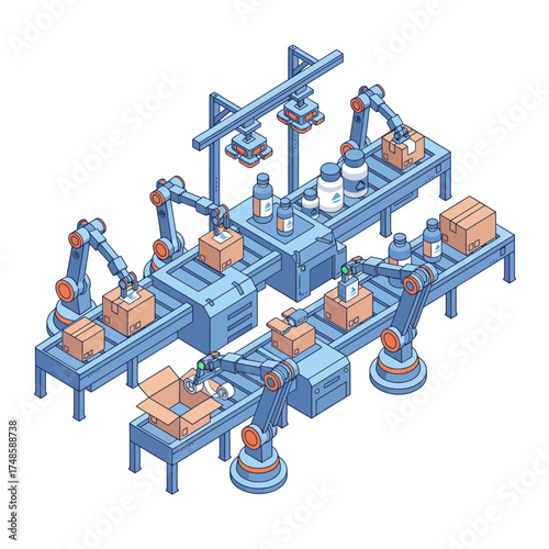 Isometric automated pharmaceutical manufacturing line with robotic arms packaging medicine and containers in a modern factory setting