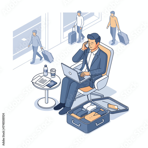 Isometric businessman working remotely at airport, using laptop while talking on phone, modern travel concept. Business trip efficiency and productivity
