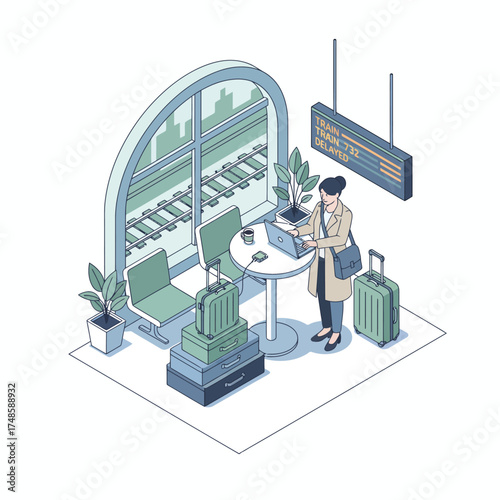 Isometric businesswoman working remotely at train station on laptop due to train delay. Concept for digital nomad lifestyle, remote work, or productivity