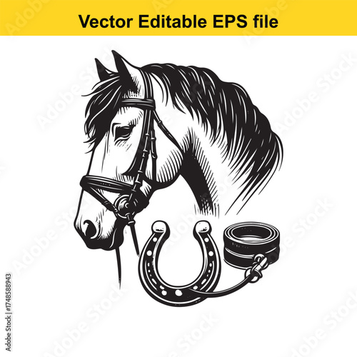 Vector art of artistic depiction of a horses head with a bridle and horseshoe