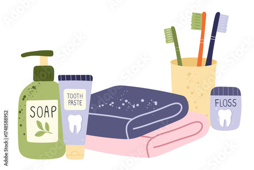 Bathroom hygiene set with soap dispenser, toothpaste, toothbrushes, dental floss, and folded towels. Daily oral care and personal hygiene essentials for morning routine, bathroom organization, spa.