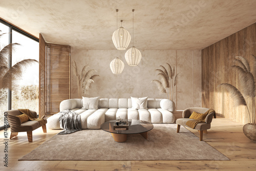 Boho style neutral living room with pampas decor