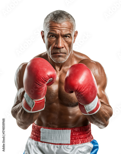 Senior man boxer posing confidently on transparent background