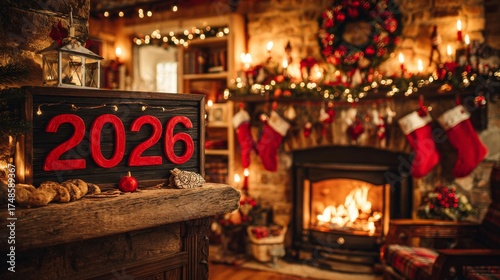 Cozy Christmas living room with 2026 sign decorated tree and fireplace