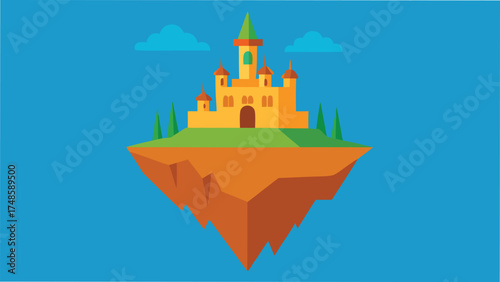 Vector art of fantasy floating island with a medieval castle on top, surrounded by green trees and blue sky background