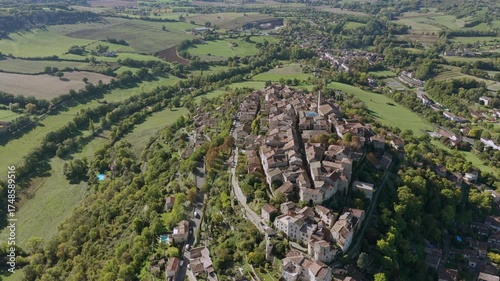 Aerial view of Cordes sur Ciel, in the Tarn department, in Occitanie, France