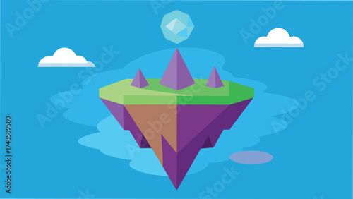 Vector art of floating island with a crystal on top, surrounded by clouds and blue sky in a fantasy landscape