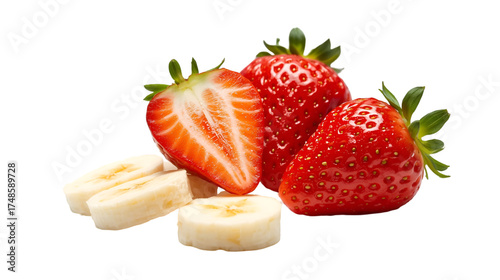 Two strawberries and banana slices on black background