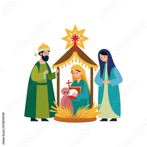 Charming simple art nativity scene with mary jesus joseph and wise men celebrating birth