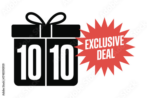 A black gift box with 10 10 written on it and a red starburst with exclusive deal isolated on white background