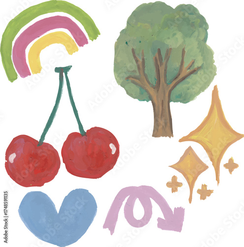 a drawing of rainbow, cherry, tree, heart watercolor art