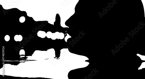 Woman's silhouette profile with serene water reflection and bokeh lights creating a peaceful, contemplative mood for creative projects