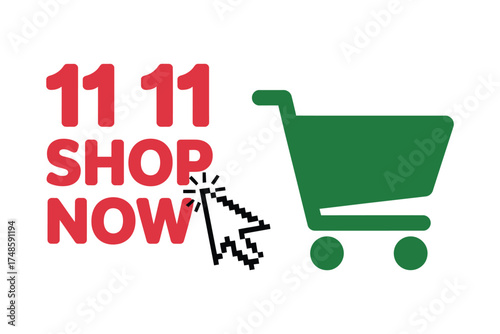 11 11 shop now with a green shopping cart and a mouse click isolated on white background
