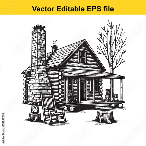 Vector art of handdrawn black and white sketch of a rustic log cabin with a stone chimney, rocking chair, and lantern on the porch, surrounded by trees and a tree stump