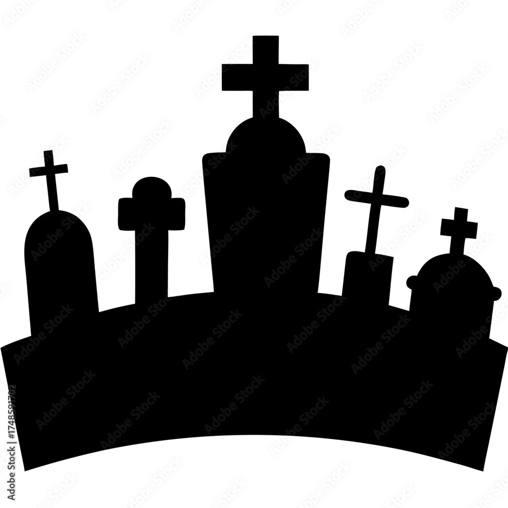 Fotografie Tombstone Silhouette Collection Assorted Graveyard Vector Illustrations on Hill