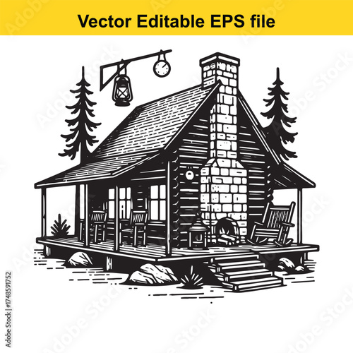 Vector art of detailed black and white drawing of a charming log cabin with a large stone chimney, covered porch with chairs, and a rocking chair, set against a backdrop of pine trees and rocks