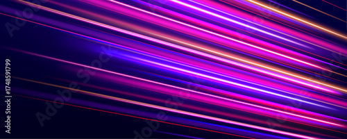 A tunnel of light bursts into view, formed by fast-moving neon stripes and motion blur. It creates a sense of depth and velocity. This is a visual journey through speed and time.
