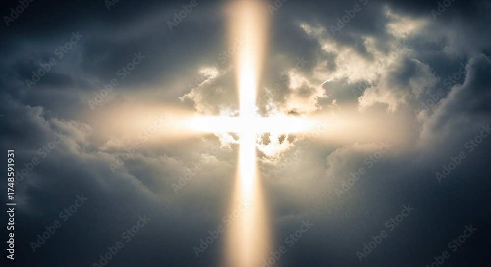 Naklejka premium Bright Cross Illuminates Dramatic Storm Clouds Symbolizing Hope and Divine Intervention