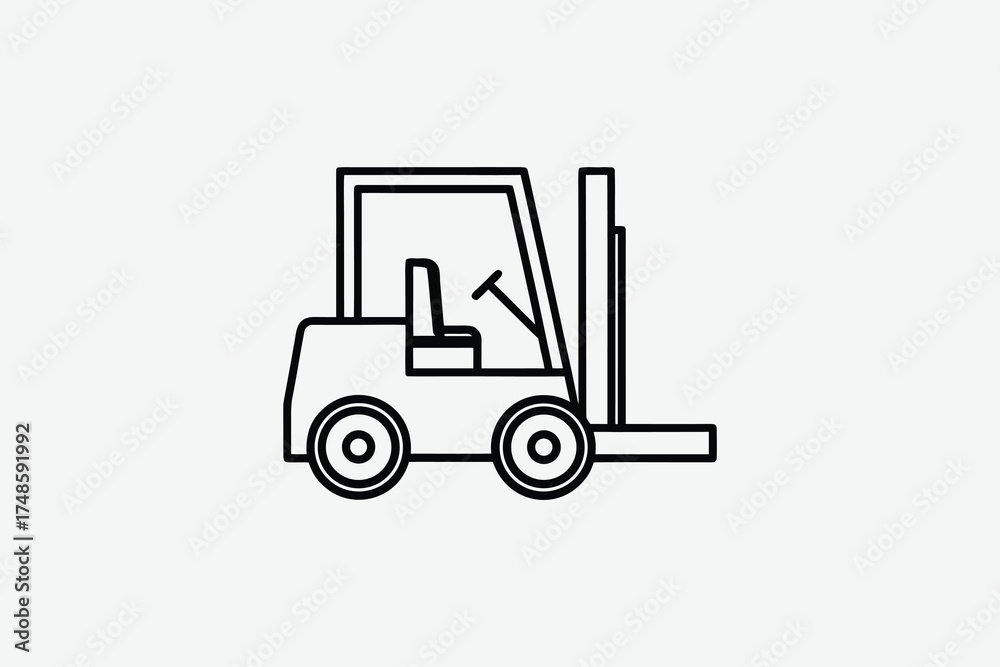 Fototapeta premium Simple line drawing depicts a forklift truck in dark outline silhouette