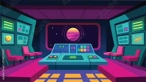Vector art of a futuristic spaceship control room with a large window showing a planet and a control panel with buttons