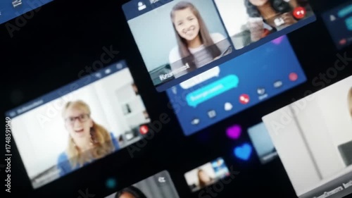 An immersive, fast-paced animated montage of luminous digital screens featuring multi-ethnic individuals, floating and merging in a dark void. Global digital connectivity concept