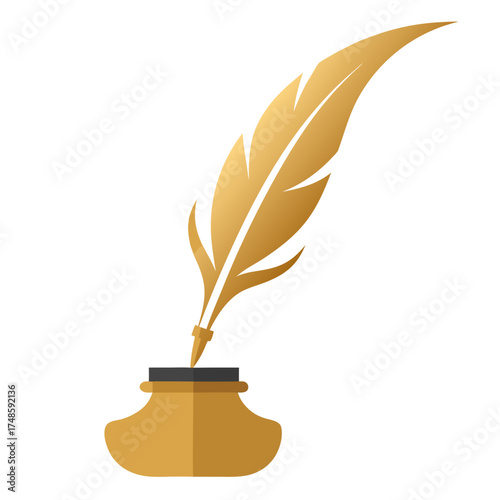 Golden Calligraphy Inkwell Vintage Quill Pen Vector Illustration for Elegant Writing Designs