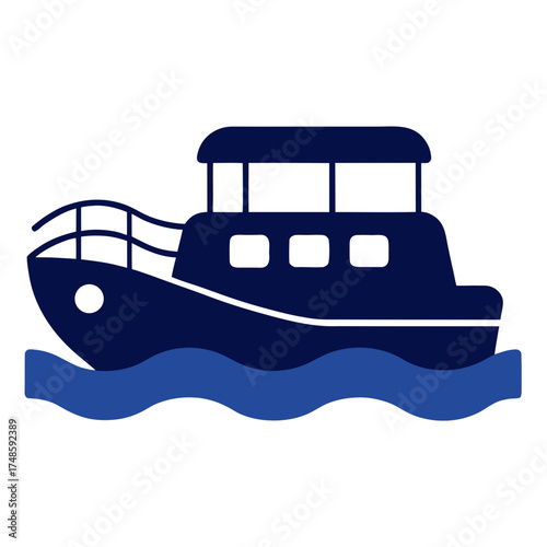 Pontoon Boat Illustration Simple Dark Blue Boat on Water Waves Vector Art