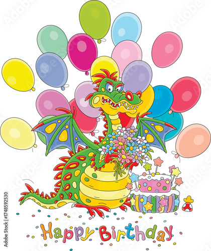 Happy birthday card with a funny dragon with a beautiful bouquet of flowers, a tasty sweet cake and colorful holiday balloons, vector cartoon illustration on a white background