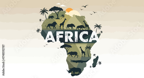 Iconic Africa continent map with wildlife silhouettes including giraffes lions and elephants at sunset