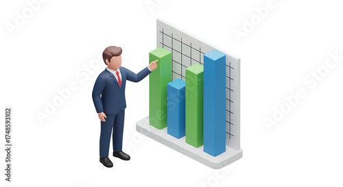 3d icon of businessman presenting bar graph isolated on transparent background, showcasing data analysis and financial growth