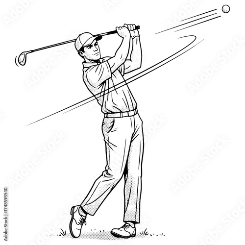 Golfer completing a powerful swing. Dynamic black and white vector illustration of a player for a golf club logo, tournament poster, or t-shirt design.

