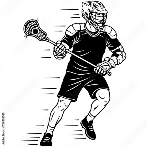 Lacrosse player running with the stick at high speed. Dynamic black and white vector illustration of an athlete for a team logo, mascot, or t-shirt design.

