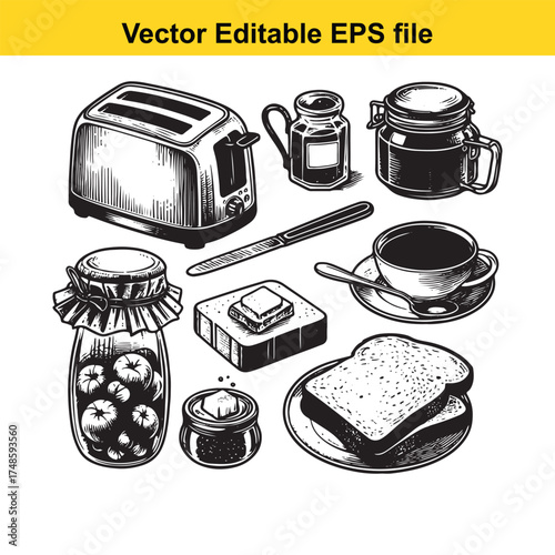 Vector art of a breakfast scene with a toaster, coffee cup, toast, jam jars, and butter, isolated on a