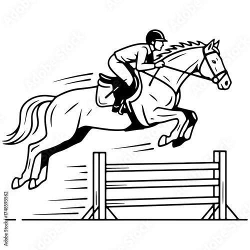 Equestrian and horse performing a show jump over an obstacle. Dynamic black and white vector illustration for a horse riding club logo, event poster, or t-shirt.

