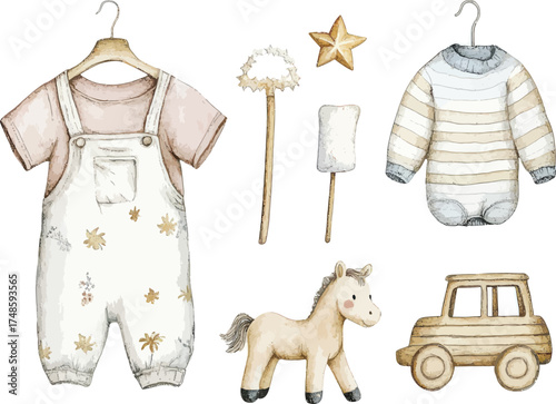 Watercolor baby clothing overalls romper with wooden toy horse and car for infants