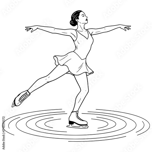 Elegant female figure skater performing on an ice rink. Graceful black and white vector illustration of a winter sport for a club logo, poster, or coloring page.

