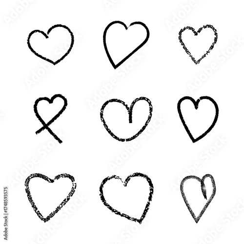Collection of nine hand-drawn hearts various styles textured outline shapes