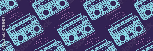 Retro boombox seamless pattern with neon blue outline on dark background. Vintage cassette radio illustration perfect for music lovers, wallpaper, and pop art designs. Trendy nostalgic 80s style vecto